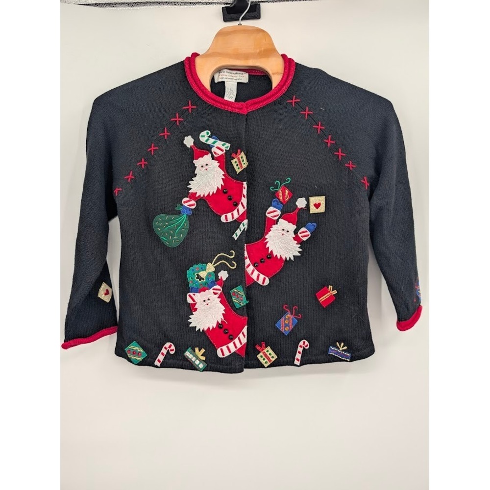 Tiara International 2004 Ugly Christmas Sweater Cardigan Santa Black Vintage L